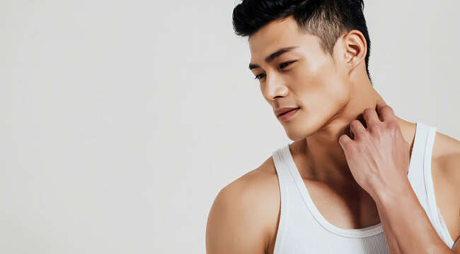 Handsome Asian Man in White Undershirt Smiling and Touching His Neck - Studio Skincare, Grooming, and Men's Fitness Portrait