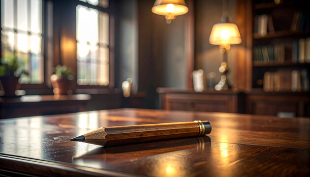 Wooden pencil on a table in a vintage interior soft lighting and copy space