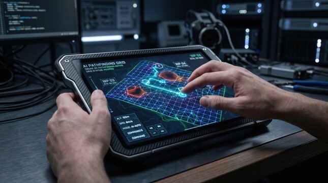 Operator controlling an autonomous drone flight path on a rugged tablet interface