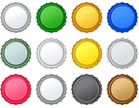 Twelve colorful metal bottle caps, each with a different shade of color and a crimped edge. They are in a grid arrangement