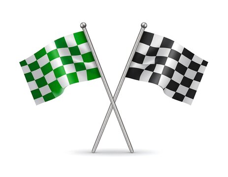 Two crossed racing flags, one green, one black & white, set against a pristine white background. The flags have a checkered pattern, and are set at a slight angle