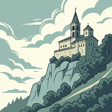 Medieval church on a cliff with two bell towers and a cross on top building architecture mountain landscape medieval religious structure illustration historic heritage religion sanctuary