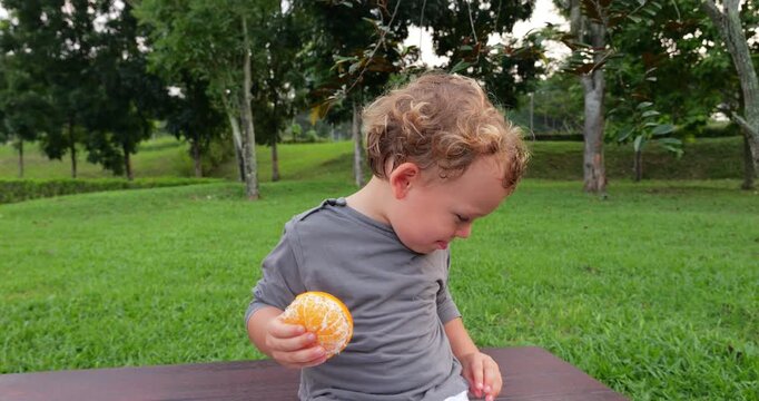 Toddler boy sits and peels large mandarin, seriously muttering to himself as he removes peel and places pieces beside him. Suddenly, without finishing peeling, he playfully brings mandarin to his eye