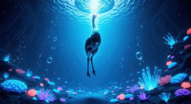 Underwater scene, colorful coral reef, scuba diver, ocean landscape, blue environment