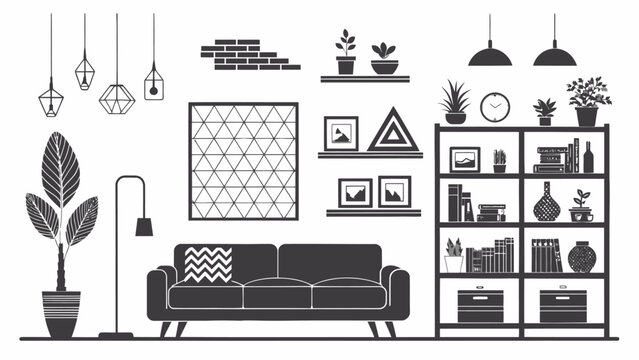Black and white vector illustration of a living room interior with furniture and decor