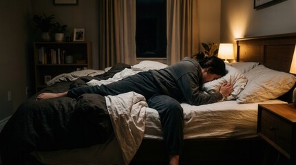 Fototapeta premium Lone Figure Resting Heavily In Disheveled Bed At Nighttime