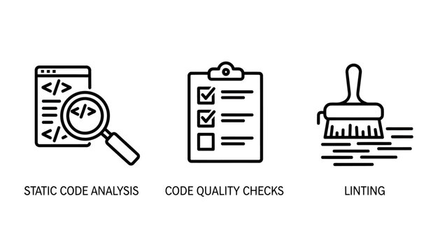 Software development quality assurance icons including static code analysis quality checks and linting with analysis software development programming debugging verification validation technical