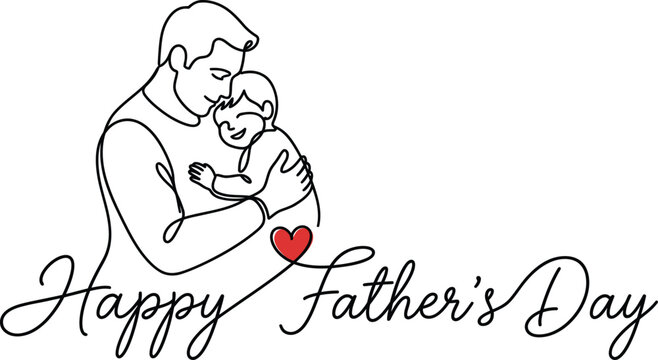 Happy fathers day continuous line drawing vector illustration father and baby hugging red heart isolated on white background