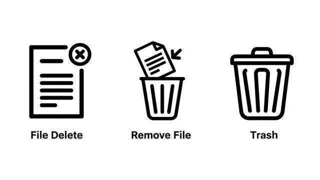 Data management and file deletion utility outline icons collection with management trashcan documents interface organization computing software maintenance technology application elements