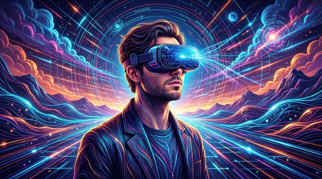 Man wearing virtual reality headset in neon digital landscape