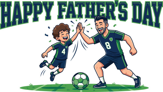 happy fathers day father and son playing soccer high five sports vector illustration isolated on white background