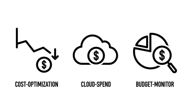 Financial cost optimization cloud spending and budget monitoring icons with optimization spending monitoring magnifying analysis management business investment tracking accounting planning