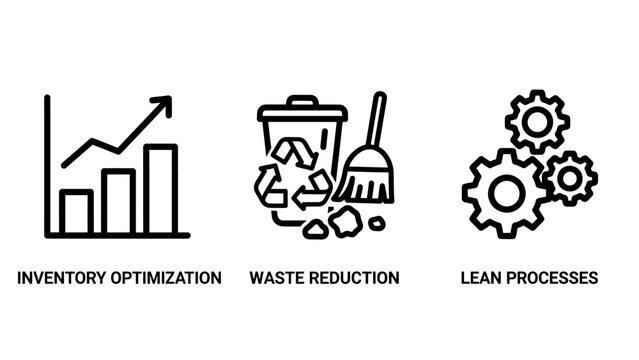 Business process efficiency set including inventory optimization waste reduction and lean methodology icons with inventory optimization reduction processes efficiency business management
