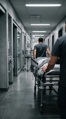 Fototapeta premium Medical Personnel Transporting Patient Down Sterile Hospital Corridor
