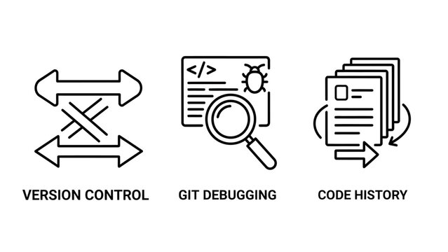Software development and version control line icon collection with debugging development programming software technology magnifier computer engineering workflow management documentation