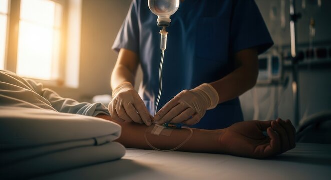 Medical Professional Administering Saline Solution To Patient In Hospital Room Sunlight Streaming