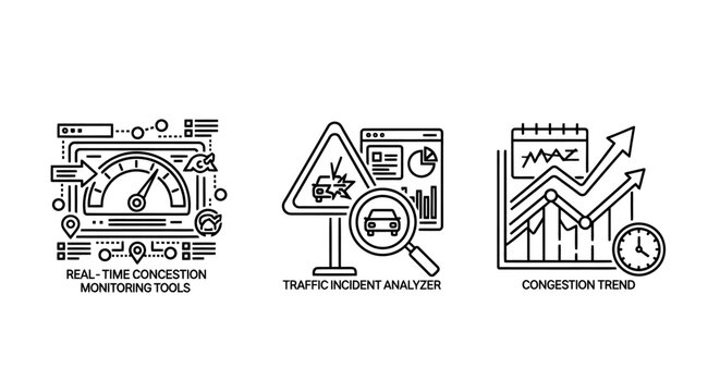 Data monitoring and traffic analysis business icons showing real-time congestion and trends with analysis monitoring congestion business speedometer magnifying statistics information realtime