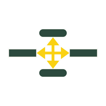 Minimalist flat design vector illustration with central directional arrows and geometric rounded rectangles for data flow.