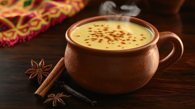 Authentic vanilla atole in traditional clay mug with cinnamon dusting and star anise garnish, served on rustic dark wood table with colorful Mexican textile