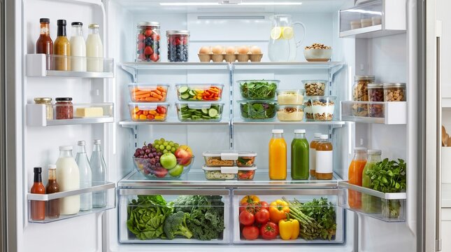 Open refrigerator full of fresh vegetables and healthy food in a home kitchen
