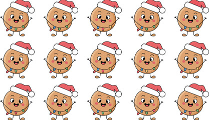 Fototapeta premium Cute Christmas Cookie Character Vector Illustration with Santa Hats, Smiling Faces, and Holiday Dessert Cartoon Designs Vector Designs
