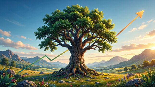 Large tree standing rooted with growth arrows in valley landscape