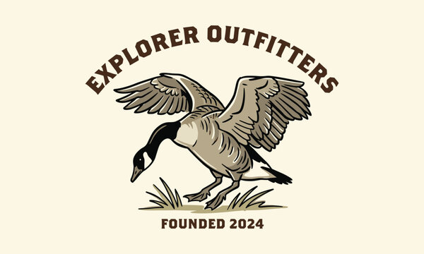 Vintage Canada goose illustration with wings spread. Retro outdoors emblem for apparel and gear.