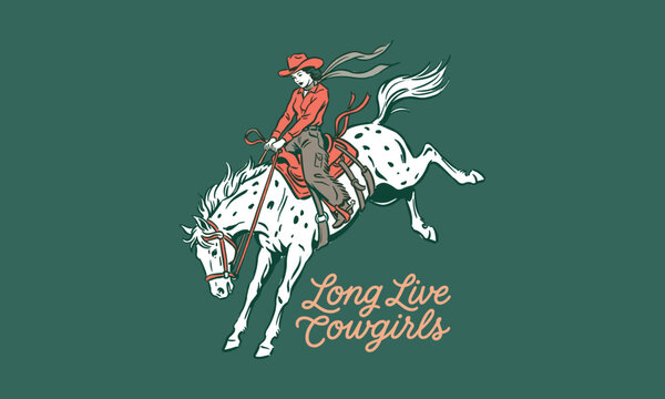 Vintage retro illustration of a cowgirl riding a bucking horse with Long Live Cowgirls text design