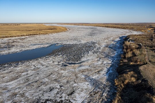 Aerial of Irtysh river, Kurchatov, fomer headquarter of the Semipalatinsk Polygon, Kazakhstan