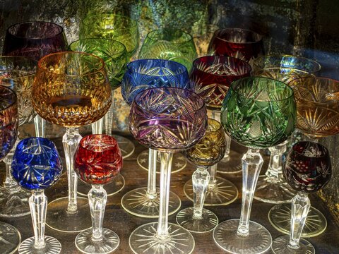 Lead Crystal Roman Glasses, Wine Glasses, Champagne Glasses, Colourful on Party Table in the Garden