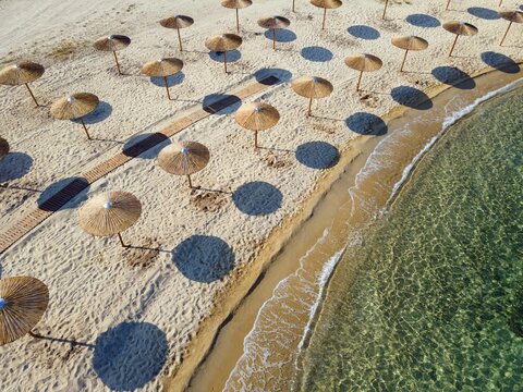 Aerial view, sunshades, Ema beach, Toroni, Torone, Sithonia, Chalkidiki, Central Macedonia, Greece