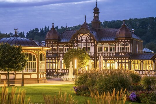 Spa hotel at dusk, Bad Salzungen, Thuringia, Germany