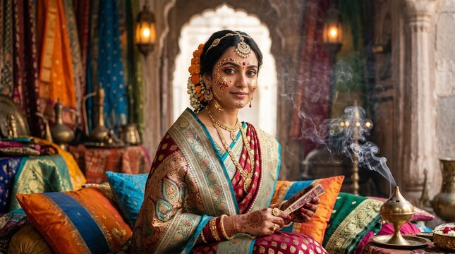 Beautiful Indian woman in traditional bridal sari and ornate gold jewelry sitting in a palace setting with burning incense smoke