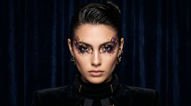 High fashion portrait of a beautiful woman with artistic purple and gold leaf eye makeup against dark velvet curtains