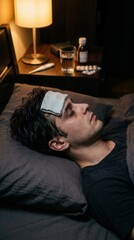 Fototapeta premium Man Suffering From Illness Resting In Bed With Cold Compress And Medicine