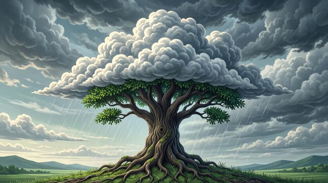 Large tree sheltering under cloud canopy in open landscape