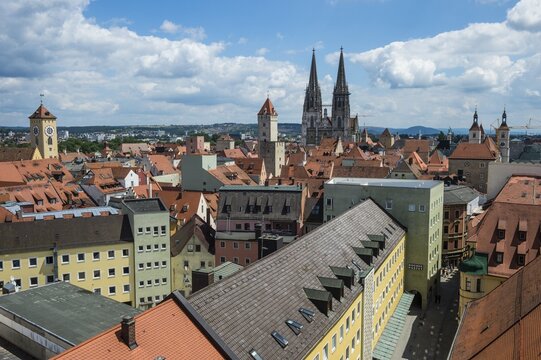 Overlook over the Unesco world heritage sight Regensburg from the tower of the Church of the Holy Trinity, Bavaria, Germany