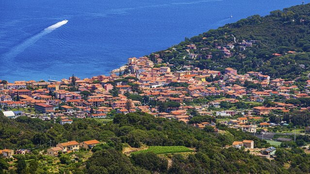Marciana Marina, view from Marciana Alta, Elba Island, Tuscan Archipelago National Park, Tuscany, Italy