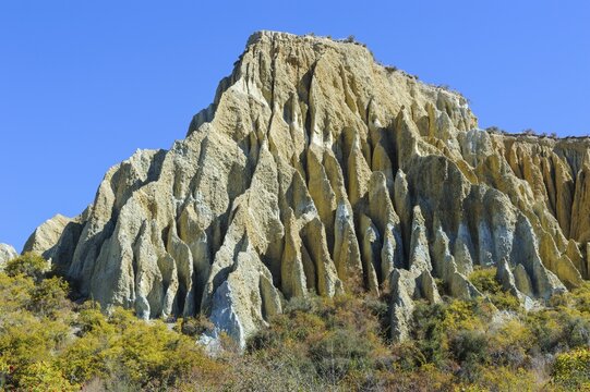 Huge sharp pinnacles of the Omarama clay cliffs, South Island, New Zealand