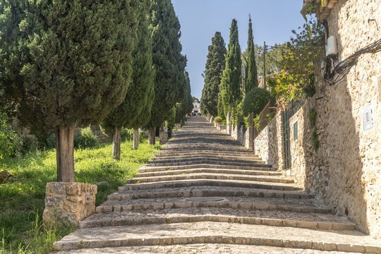 Stairs Carrer del Calvari to Calvary el Calvari, Pollenca, Majorca, Balearic Islands, Spain