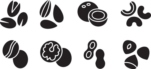 Fototapeta premium Collection of flat design icons representing various nuts and seeds perfect for healthy food concepts and ingredient illustrations