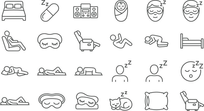 Sleep Rest and Relaxation Line Icon Set with Bed Pillow Eye Mask Sleeping Pill Positions and Comfort Symbols for Mobile Apps