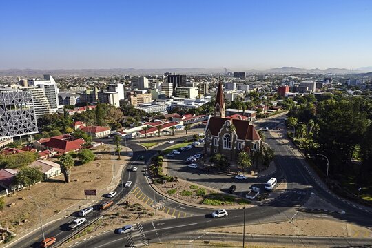 Aerial view of the capital Windhoek with Christ Church, Namibia