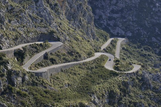 Serpentine road in the bay of Sa Calobra, Majorca, Balearic Islands, Spain