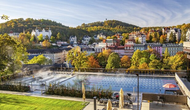 Outdoor terrace of the thermal spa with panoramic view of the city in autumn, Karlovy Vary, West Bohemian Spa Triangle, Karlovy Vary Region, Bohemia, Czech Republic, Unesco World Heritage Site