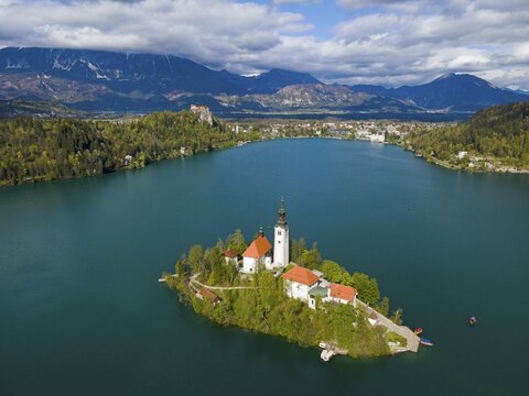 Drone shot, Bled Island with St. Mary's Church, Lake Bled, Lake Veldes, Blejsko jezero, Bled, Veldes, Feldes, Upper Carniola Region, Gorenjska, Slovenia, Balkans