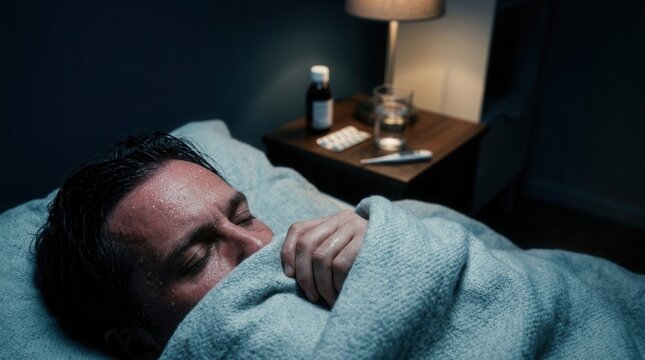 Man Sweating Heavily Under Blanket Feeling Sick In Bed Night Time