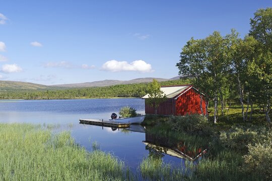 Red hut on a quiet lakeshore, surrounded by trees under a blue sky, Idyll, Glomma, R&ouml;ros, Tr&ouml;ndelag, Norway