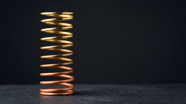 Coiled spring wire transforming progressively from matte copper at base to brilliant gold at top on dark surface, compound interest growth over time financial concept art horizontal with copy space
