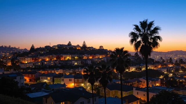 Beautiful city skyline at twilight with palm trees silhouette during sunset